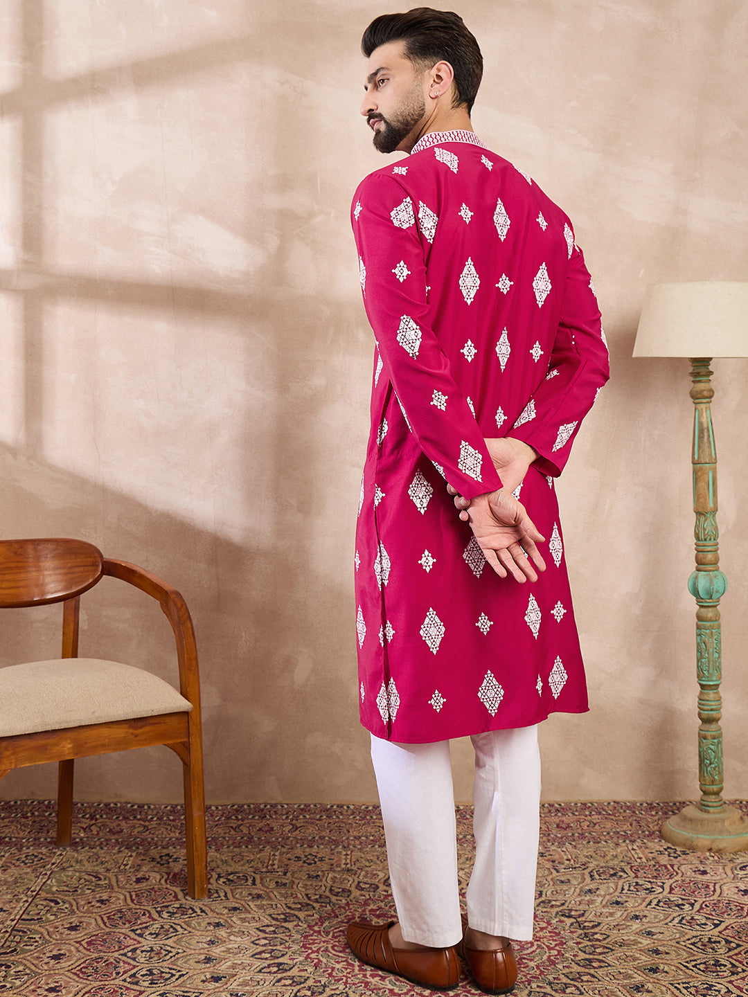 Men Maroon Silk Blend Solid Embroidered Straight Kurta-MKU1779