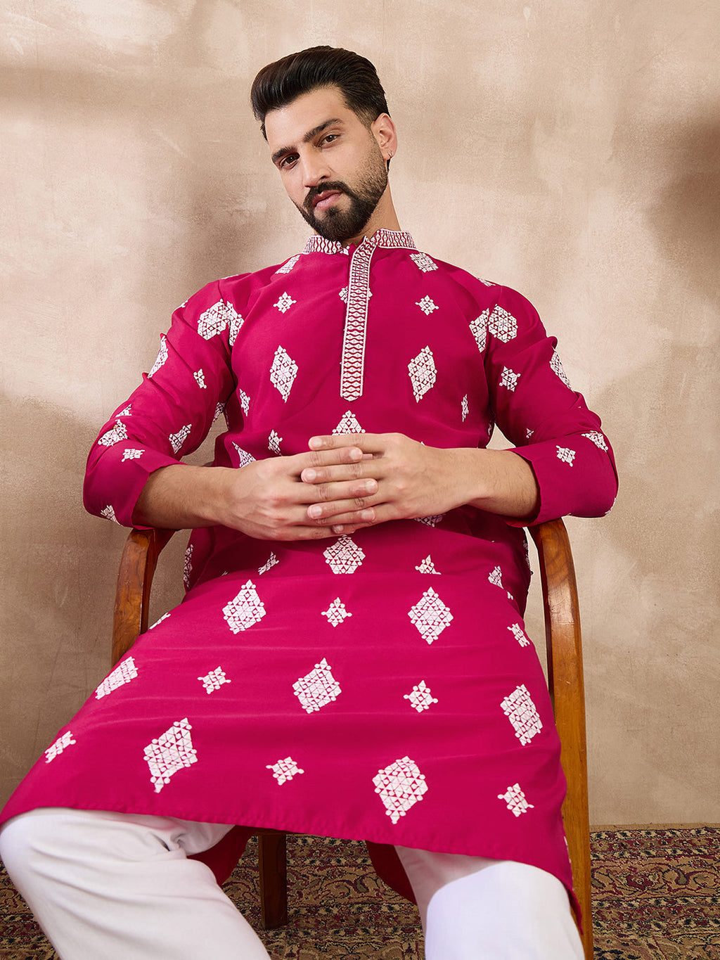 Men Maroon Silk Blend Solid Embroidered Straight Kurta-MKU1779