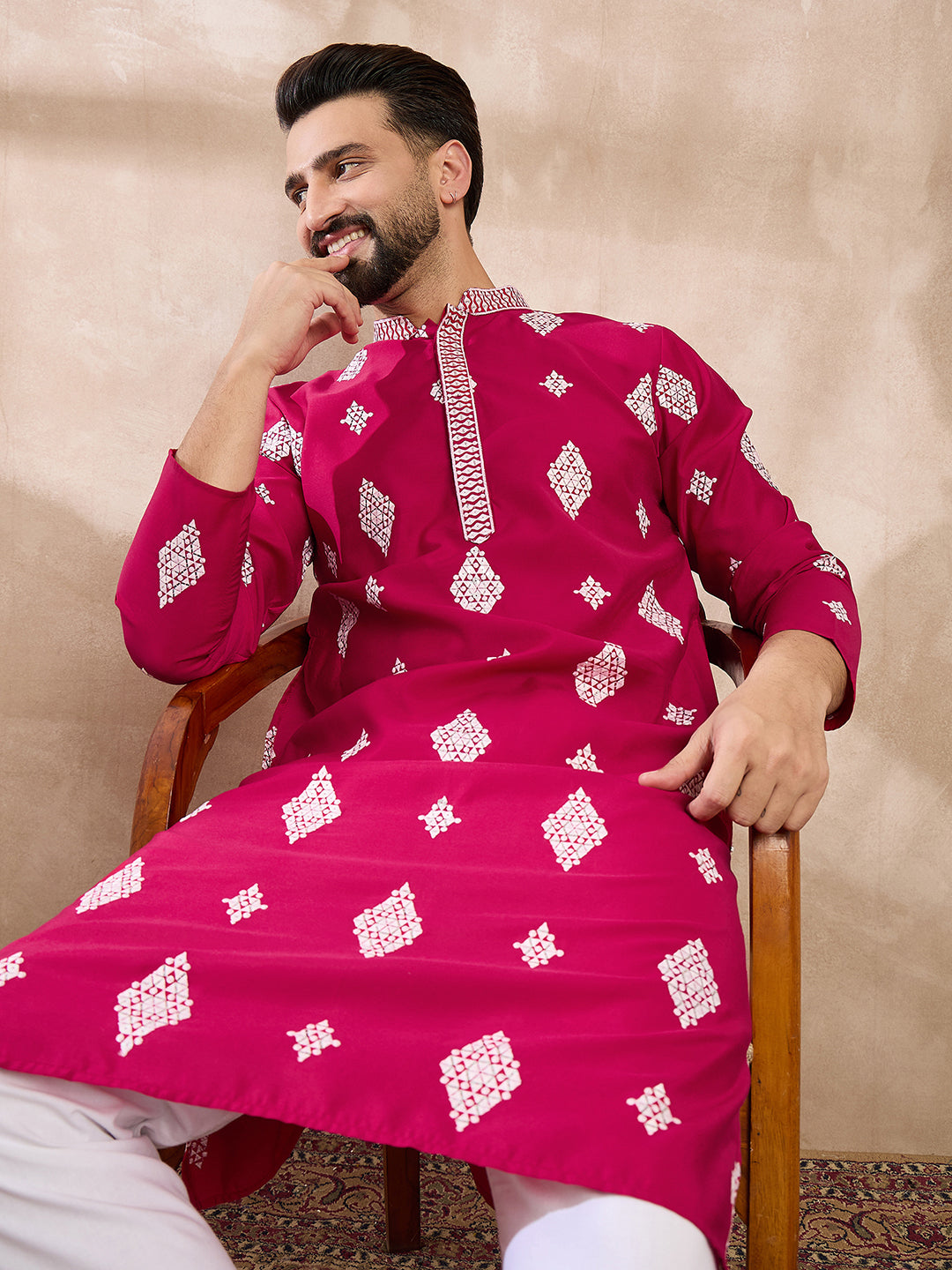 Men Maroon Silk Blend Solid Embroidered Straight Kurta-MKU1779