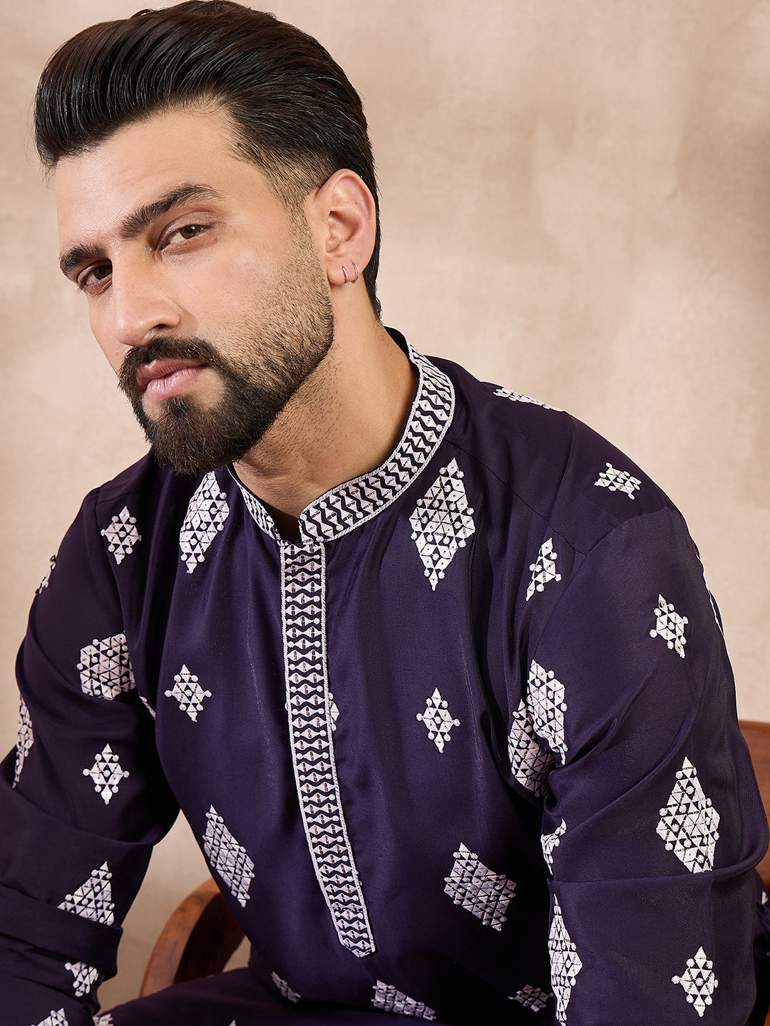 Men Purple Silk Blend Solid Embroidered Straight Kurta-MKU1780