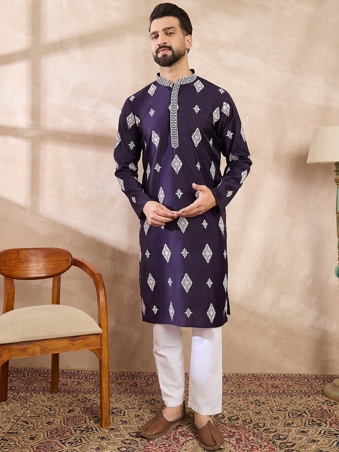 Men Purple Silk Blend Solid Embroidered Straight Kurta-MKU1780