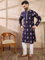 Men Purple Silk Blend Solid Embroidered Straight Kurta-MKU1780