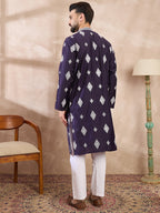 Men Purple Silk Blend Solid Embroidered Straight Kurta-MKU1780
