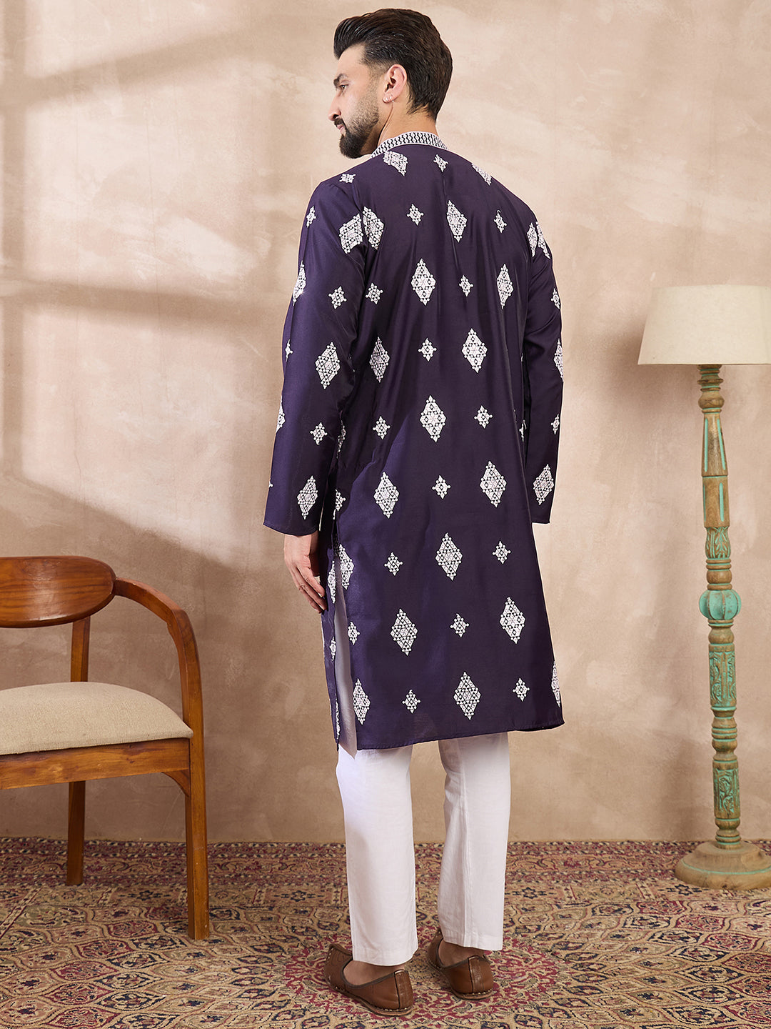 Men Purple Silk Blend Solid Embroidered Straight Kurta-MKU1780