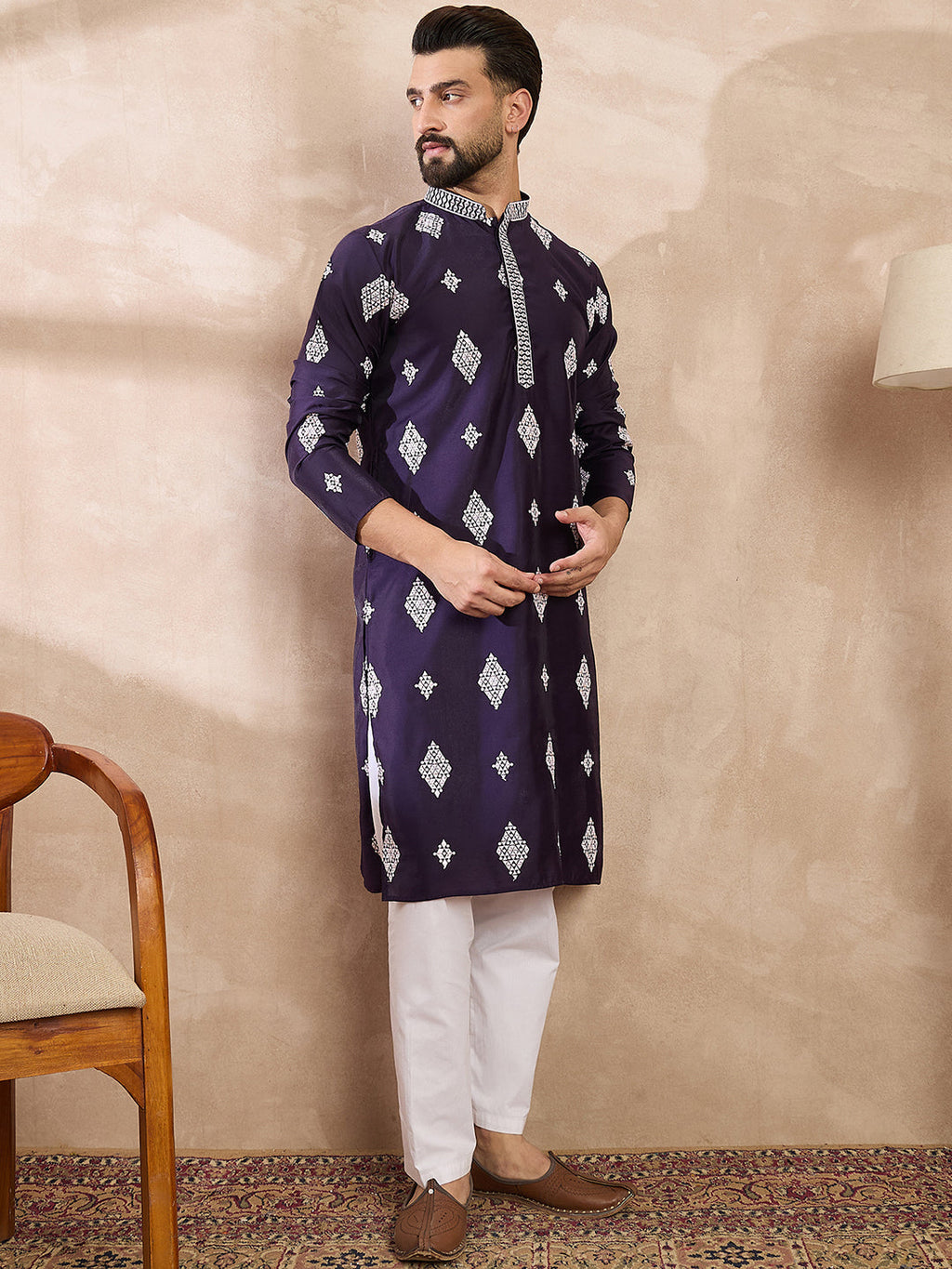 Men Purple Silk Blend Solid Embroidered Straight Kurta-MKU1780