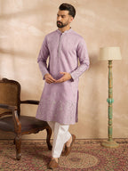 Men Lavender Silk Blend Floral Embroidered Straight Kurta-MKU1781