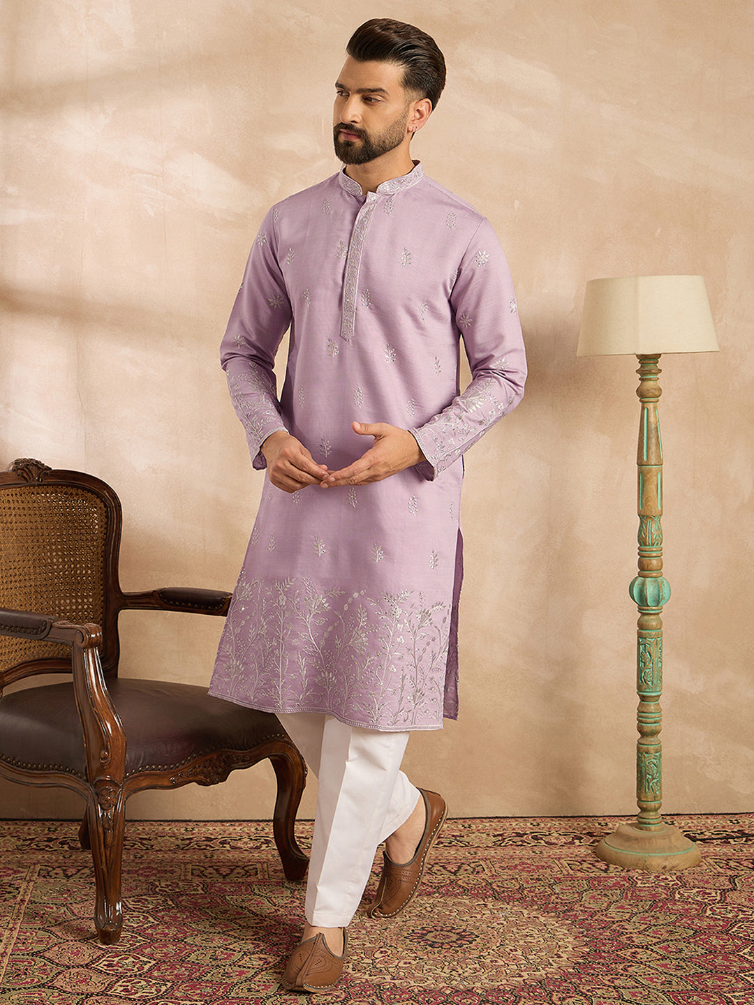 Men Lavender Silk Blend Floral Embroidered Straight Kurta-MKU1781
