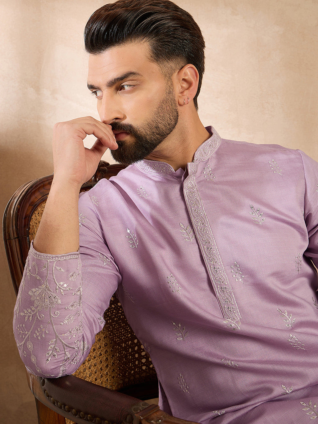 Men Lavender Silk Blend Floral Embroidered Straight Kurta-MKU1781