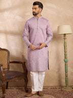 Men Lavender Silk Blend Floral Embroidered Straight Kurta-MKU1781