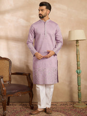 Men Lavender Silk Blend Floral Embroidered Straight Kurta-MKU1781