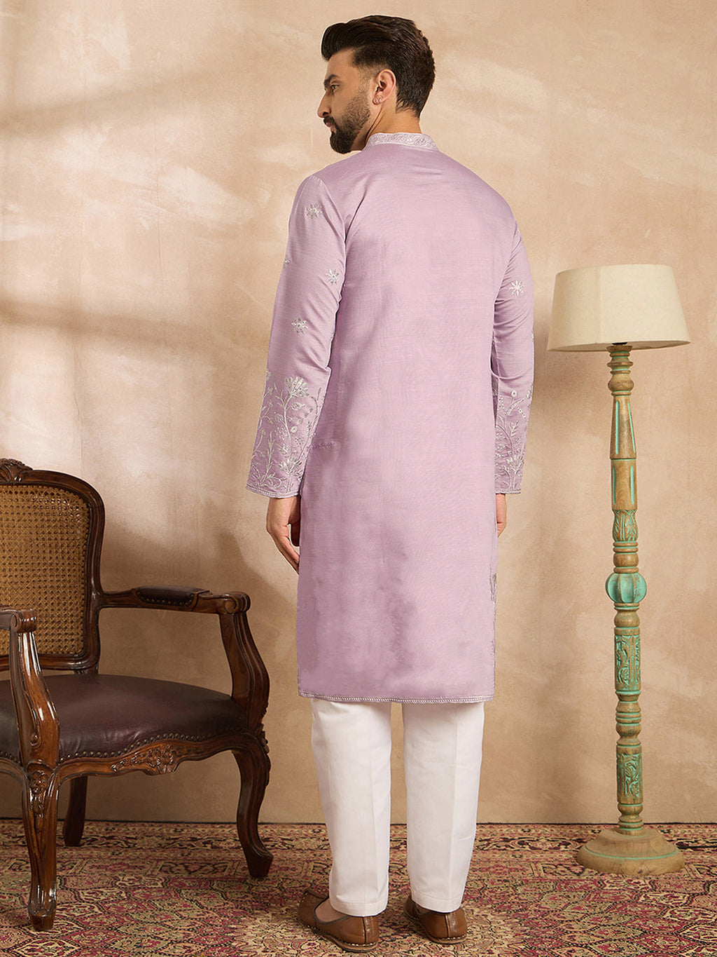 Men Lavender Silk Blend Floral Embroidered Straight Kurta-MKU1781