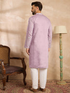 Men Lavender Silk Blend Floral Embroidered Straight Kurta-MKU1781