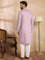 Men Lavender Silk Blend Floral Embroidered Straight Kurta-MKU1781