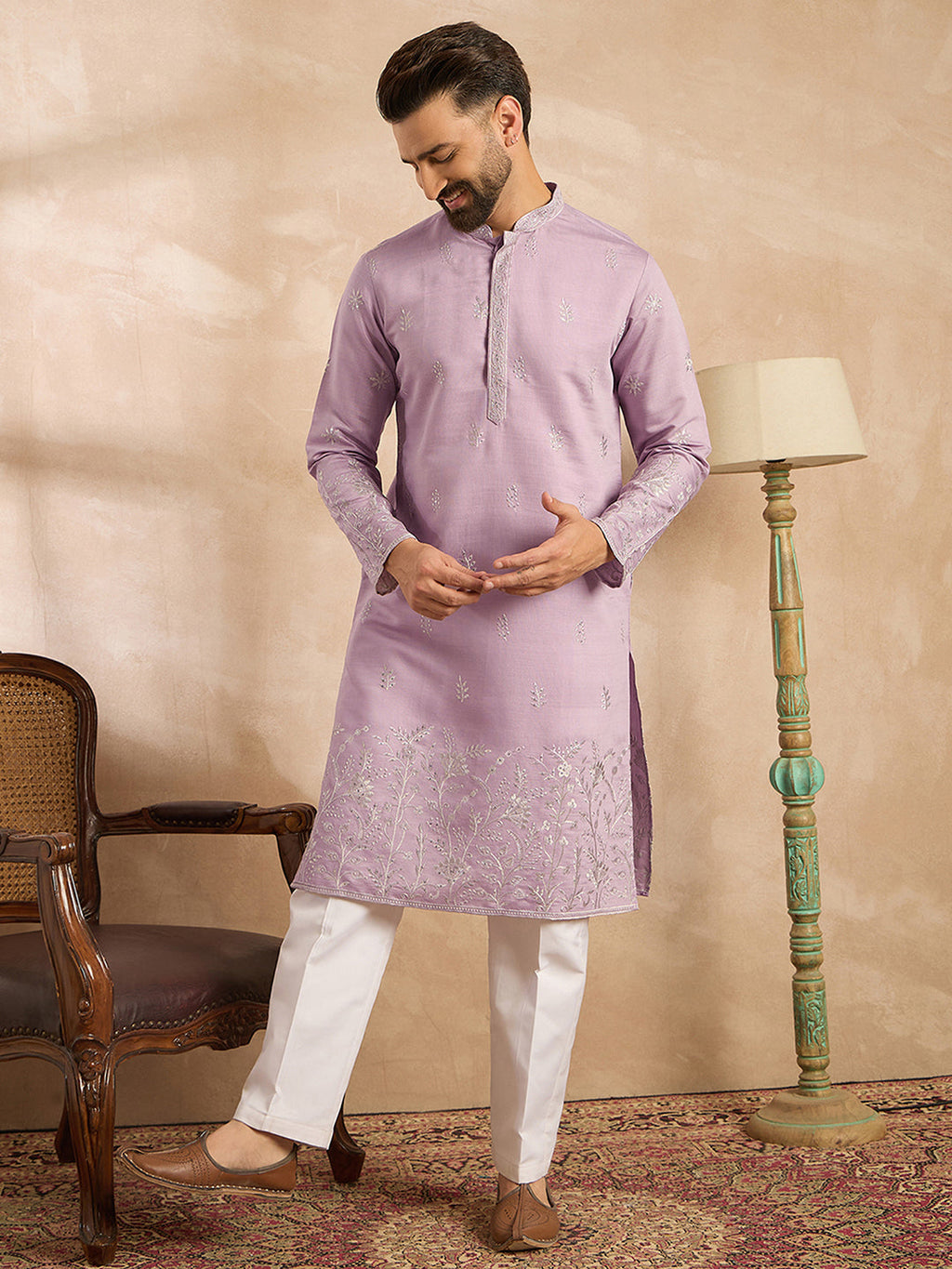 Men Lavender Silk Blend Floral Embroidered Straight Kurta-MKU1781