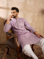 Men Lavender Silk Blend Floral Embroidered Straight Kurta-MKU1781