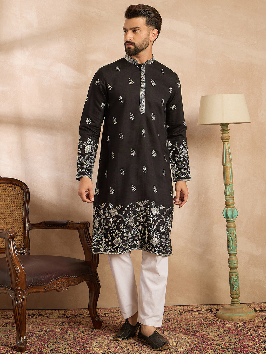 Men Black Silk Blend Solid Embroidered Straight Kurta-MKU1782