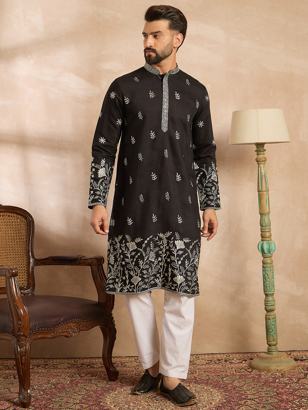 Men Black Silk Blend Solid Embroidered Straight Kurta-MKU1782