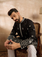 Men Black Silk Blend Solid Embroidered Straight Kurta-MKU1782