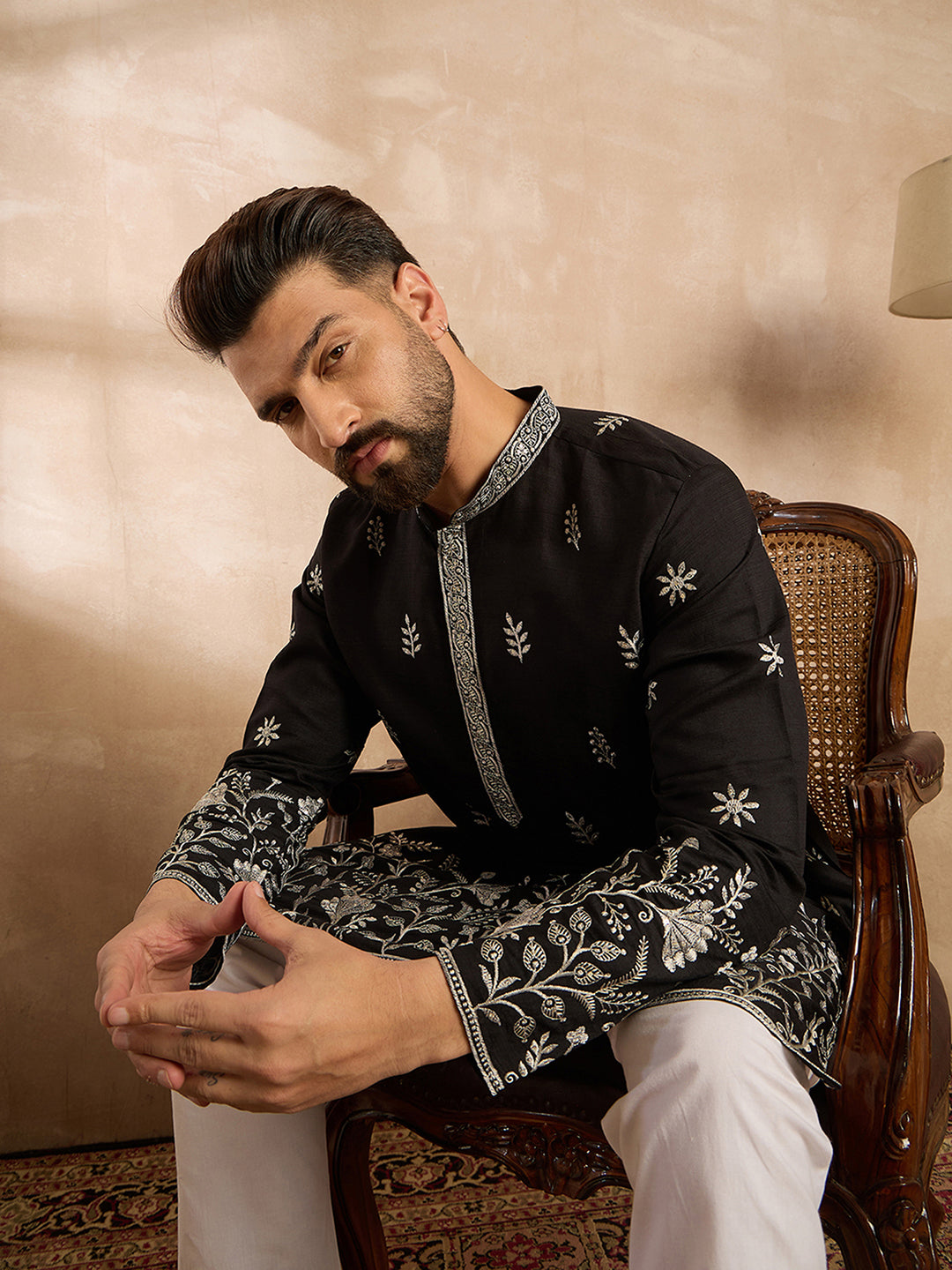 Men Black Silk Blend Solid Embroidered Straight Kurta-MKU1782