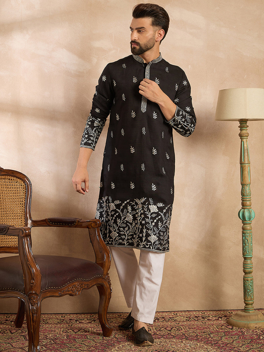 Men Black Silk Blend Solid Embroidered Straight Kurta-MKU1782