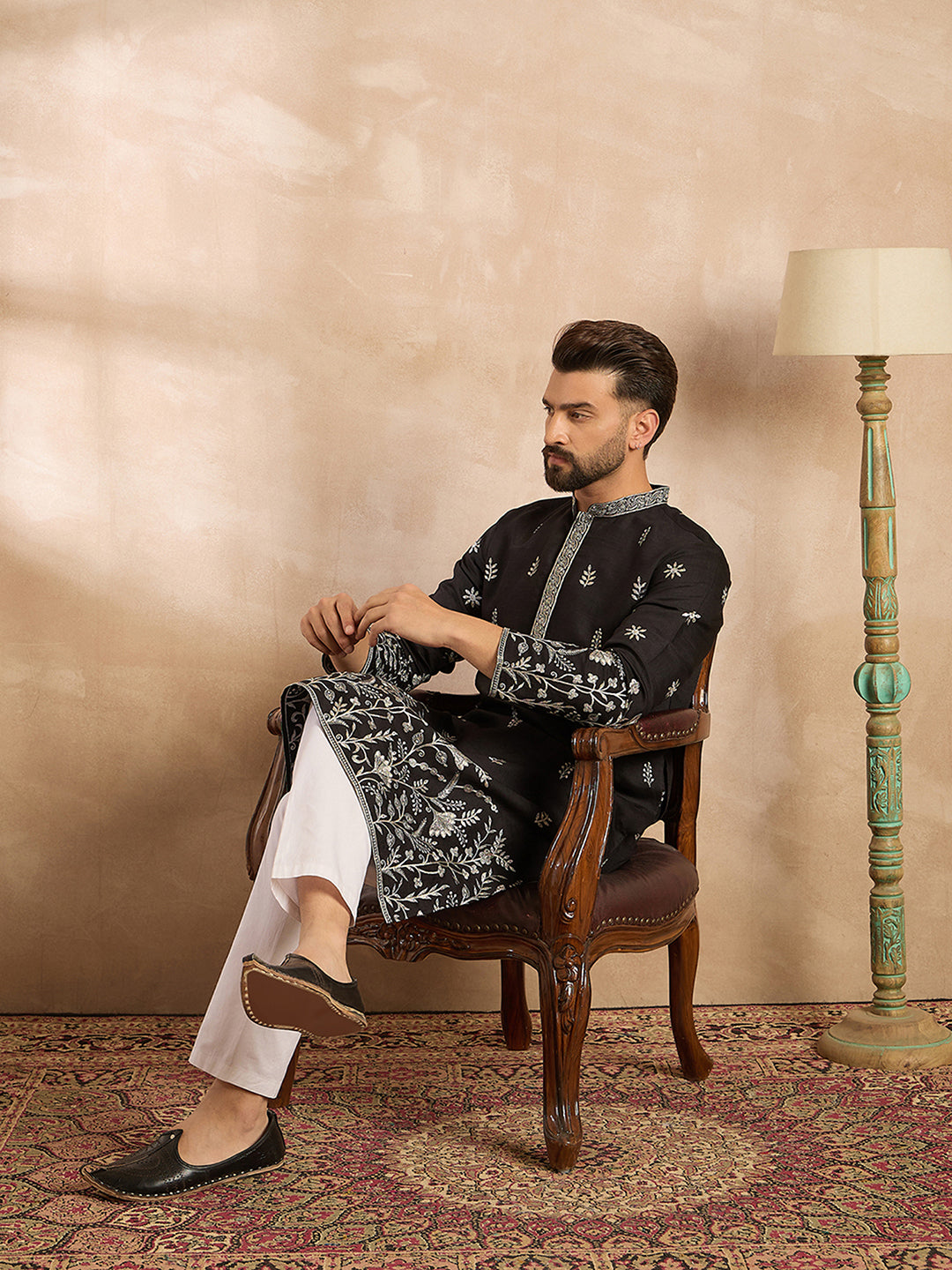 Men Black Silk Blend Solid Embroidered Straight Kurta-MKU1782