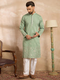 Men Green Silk Blend Solid Embroidered Straight Kurta-MKU1783