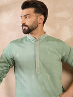Men Green Silk Blend Solid Embroidered Straight Kurta-MKU1783