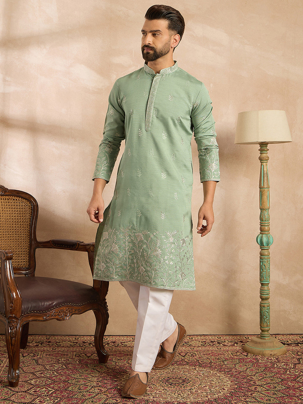 Men Green Silk Blend Solid Embroidered Straight Kurta-MKU1783
