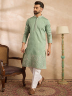 Men Green Silk Blend Solid Embroidered Straight Kurta-MKU1783