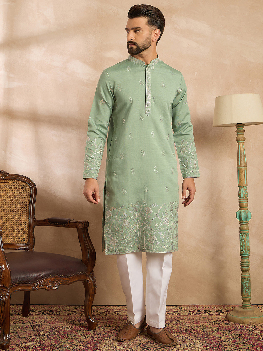 Men Green Silk Blend Solid Embroidered Straight Kurta-MKU1783