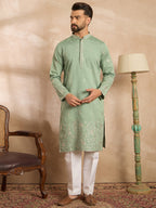 Men Green Silk Blend Solid Embroidered Straight Kurta-MKU1783