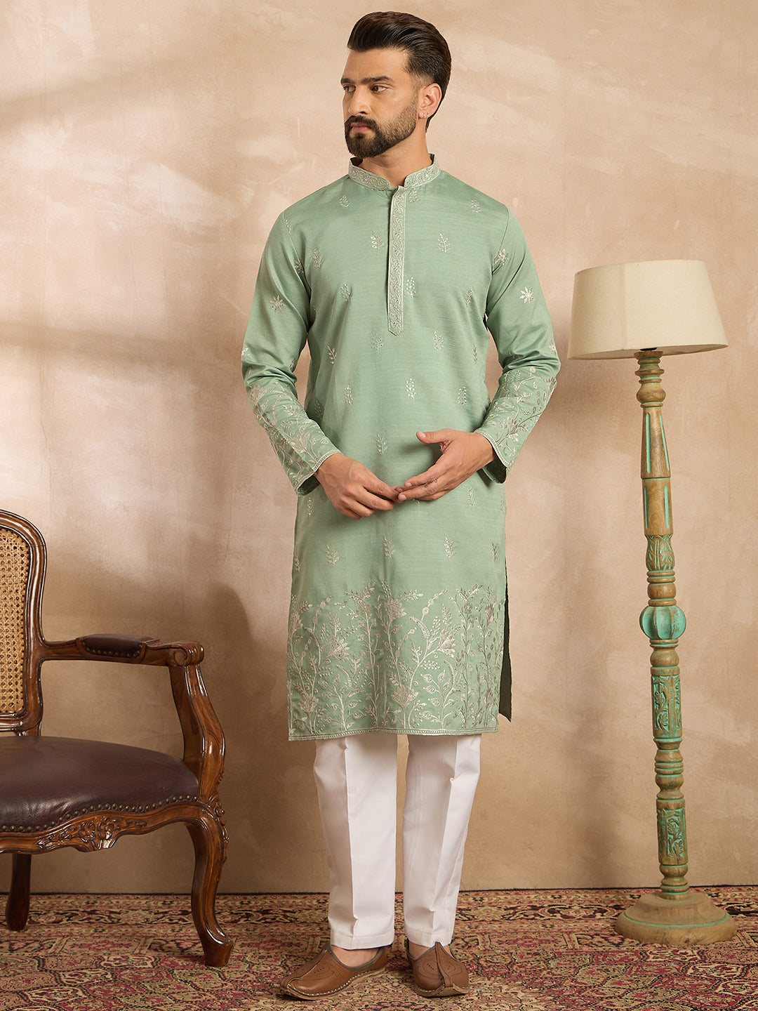 Men Green Silk Blend Solid Embroidered Straight Kurta-MKU1783