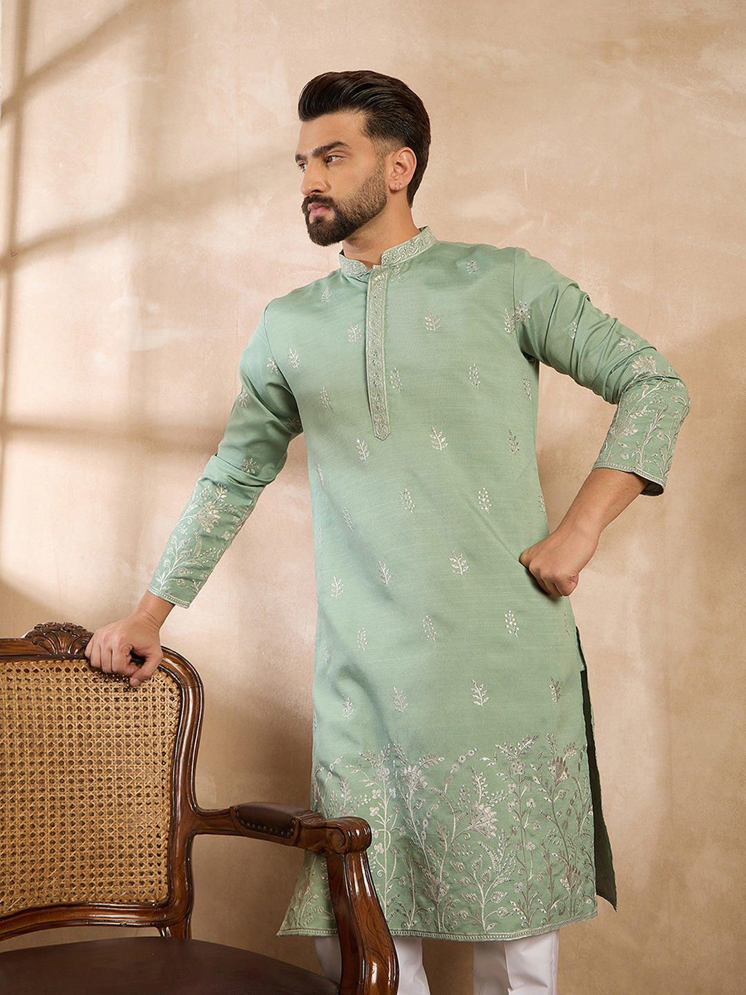 Men Green Silk Blend Solid Embroidered Straight Kurta-MKU1783