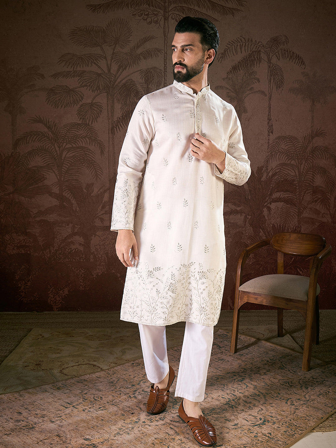 Men White Silk Blend Floral Embroidered Straight Kurta-MKU1784