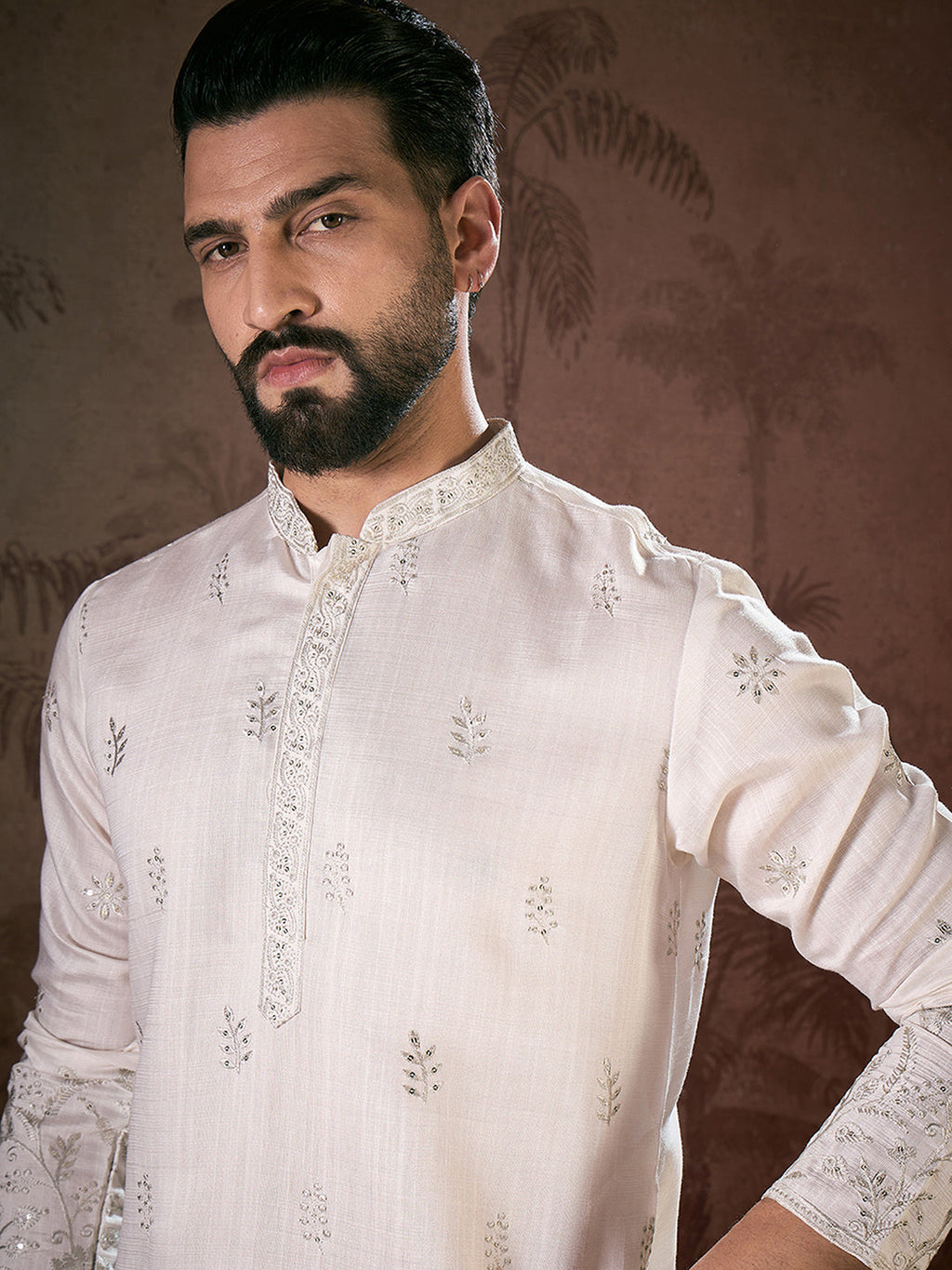 Men White Silk Blend Floral Embroidered Straight Kurta-MKU1784