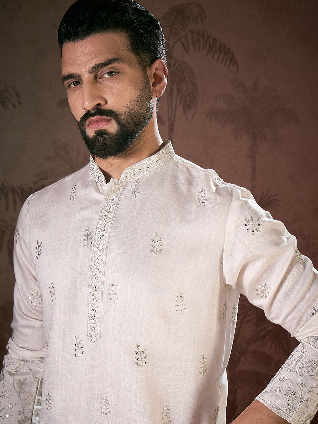 Men White Silk Blend Floral Embroidered Straight Kurta-MKU1784