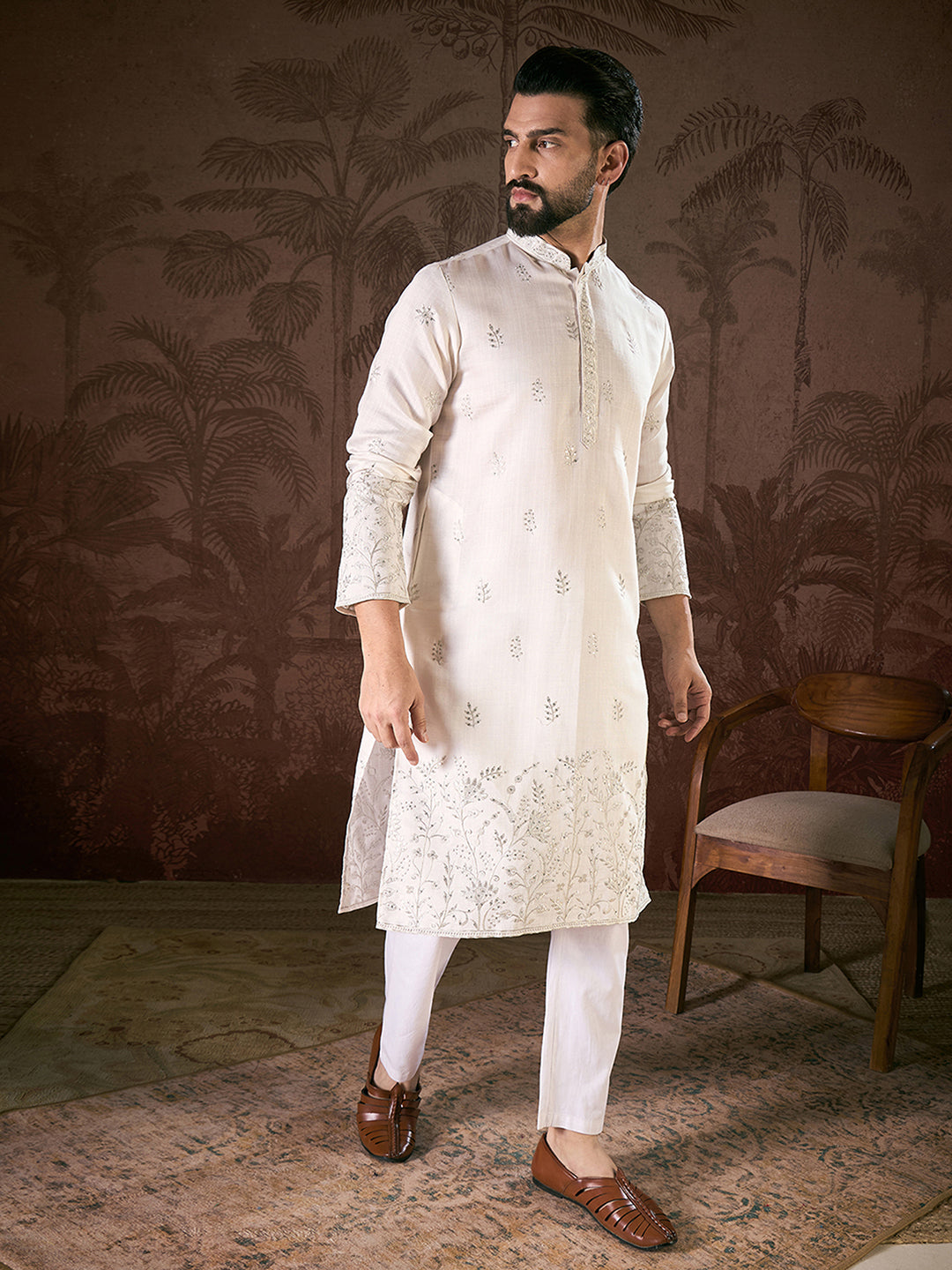 Men White Silk Blend Floral Embroidered Straight Kurta-MKU1784