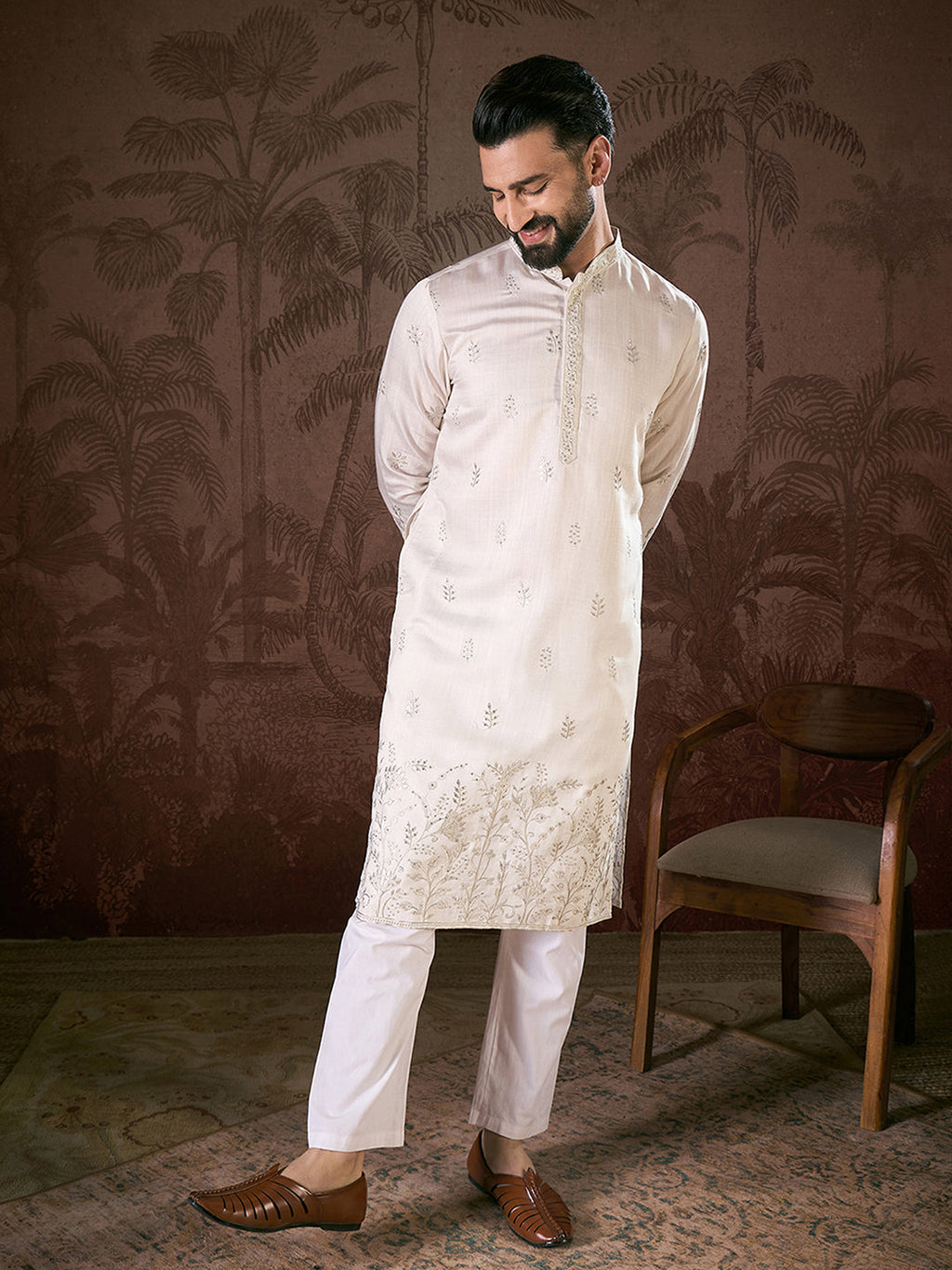 Men White Silk Blend Floral Embroidered Straight Kurta-MKU1784