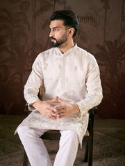 Men White Silk Blend Floral Embroidered Straight Kurta-MKU1784