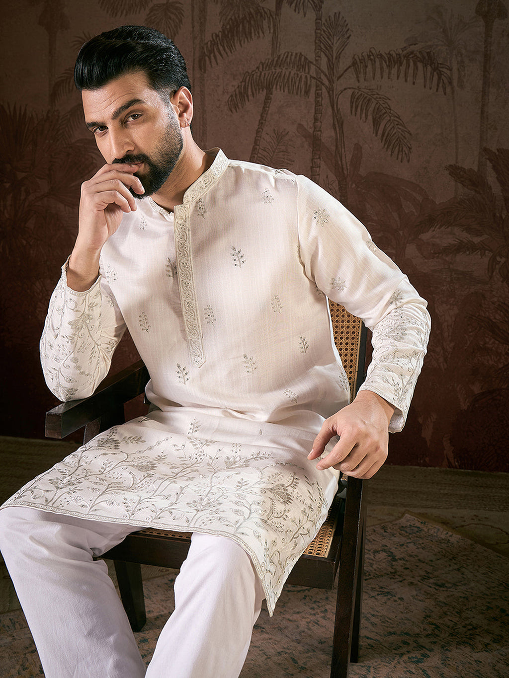 Men White Silk Blend Floral Embroidered Straight Kurta-MKU1784