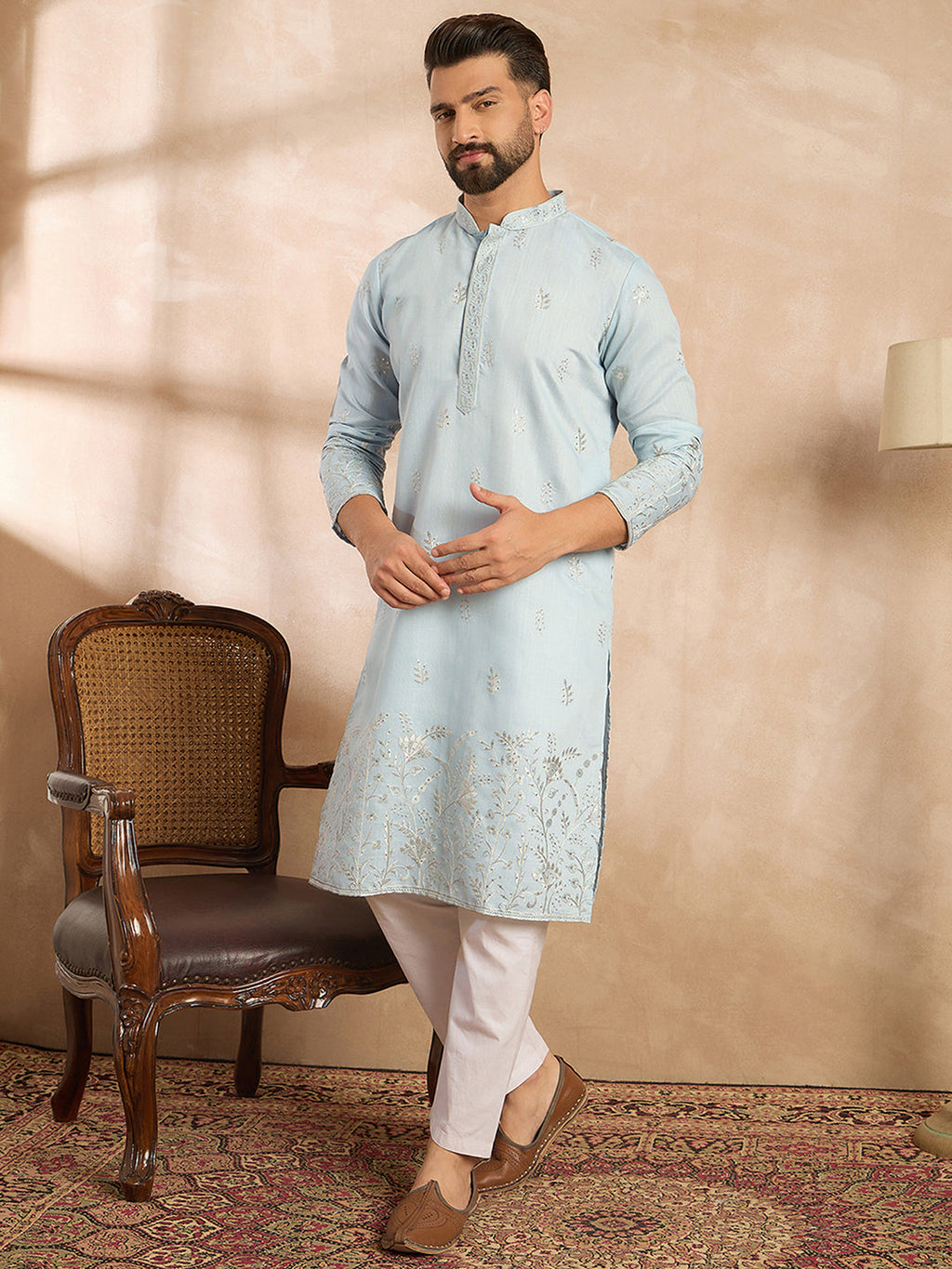 Men Blue Silk Blend Solid Embroidered Straight Kurta-MKU1785