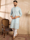 Men Blue Silk Blend Solid Embroidered Straight Kurta-MKU1785