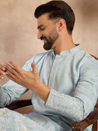 Men Blue Silk Blend Solid Embroidered Straight Kurta-MKU1785