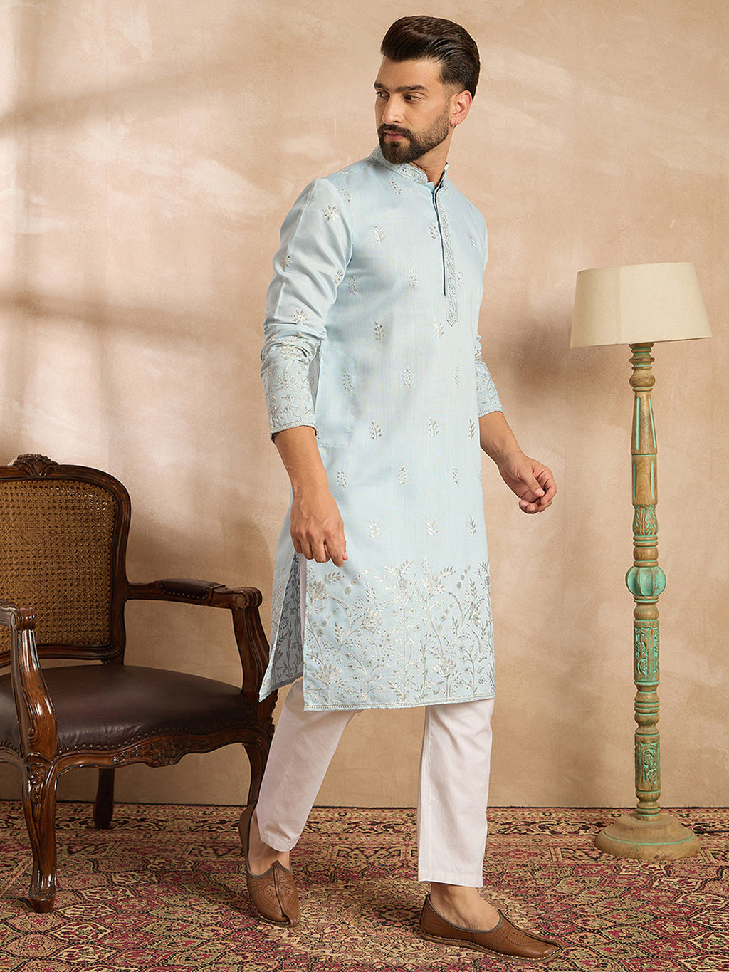Men Blue Silk Blend Solid Embroidered Straight Kurta-MKU1785