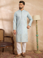Men Blue Silk Blend Solid Embroidered Straight Kurta-MKU1785