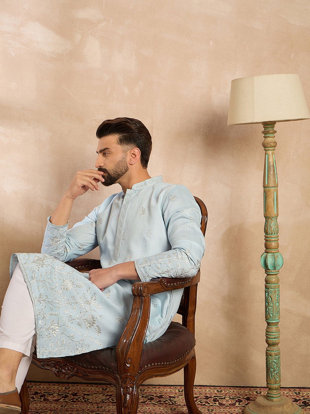 Men Blue Silk Blend Solid Embroidered Straight Kurta-MKU1785