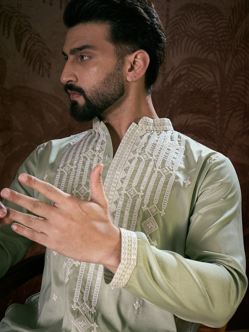 Men Green Silk Blend Solid Embroidered Straight Kurta-MKU1787