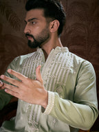 Men Green Silk Blend Solid Embroidered Straight Kurta-MKU1787