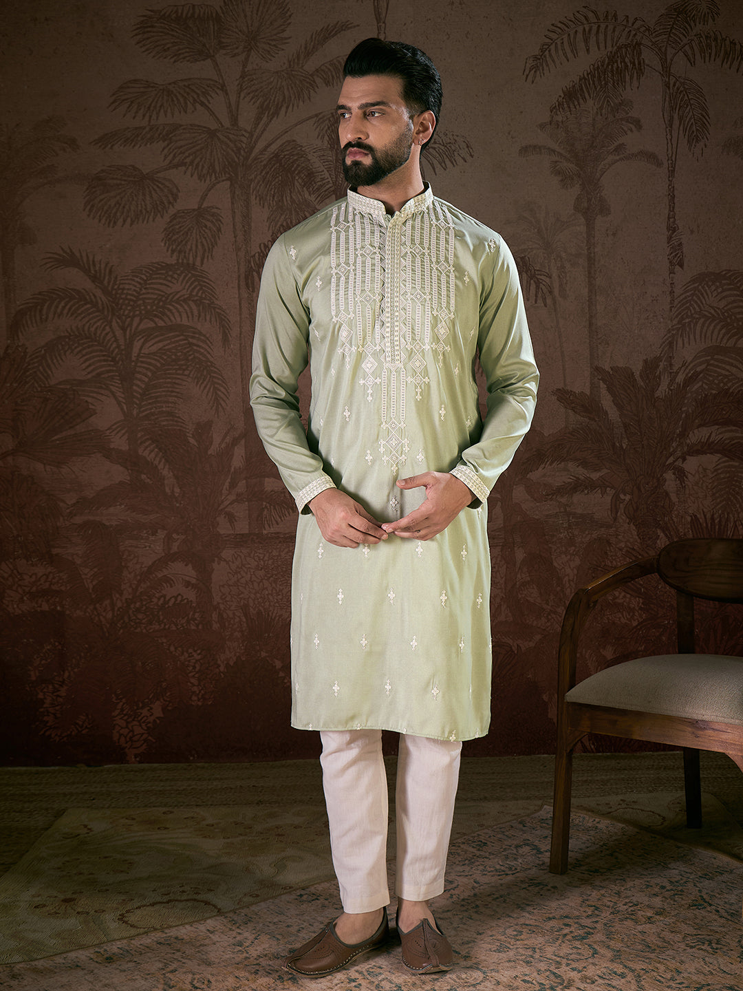 Men Green Silk Blend Solid Embroidered Straight Kurta-MKU1787