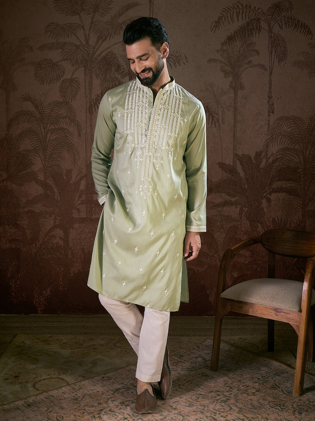 Men Green Silk Blend Solid Embroidered Straight Kurta-MKU1787